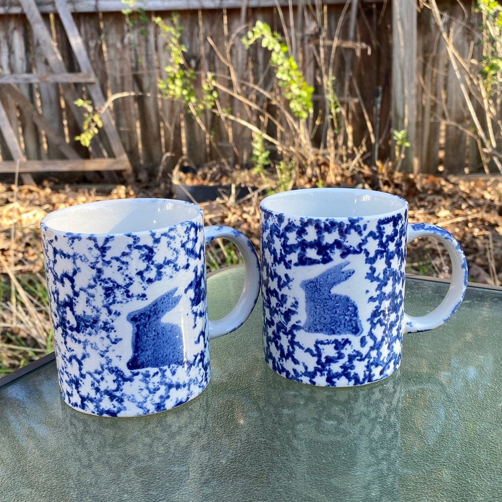 2 Blue and White Rabbit Pattern Mugs